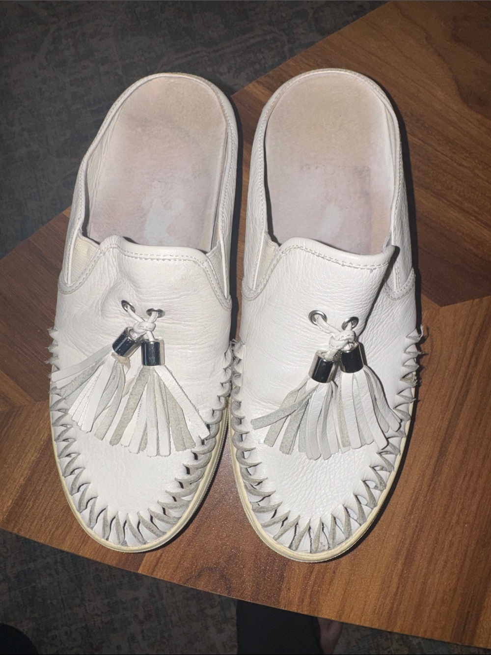 J Slides Cream/White Leather Slip-On Mules Tassels